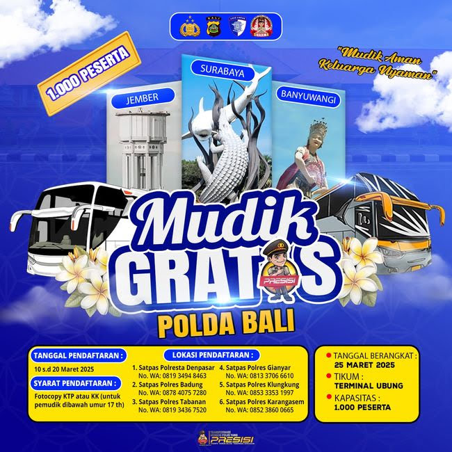 Polda Bali Gelar Mudik Gratis Dengan Kuota 1.000 Orang, Pendaftaran hingga 20 Maret.