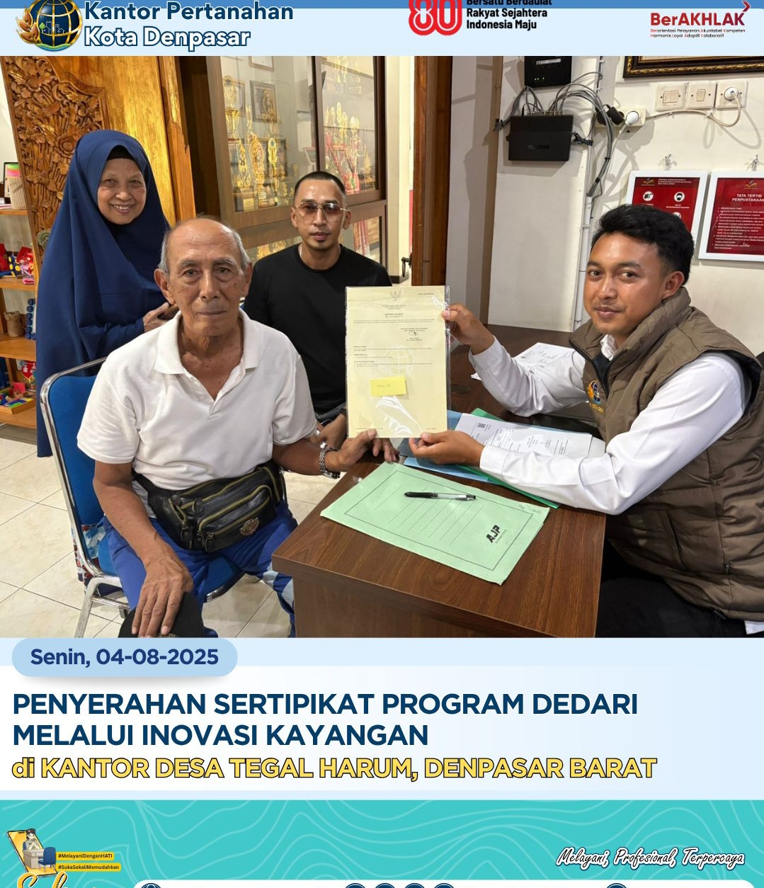 Kantah Kota Denpasar Serahkan Sertipikat Program Dedari Kepada Masyarakat.
