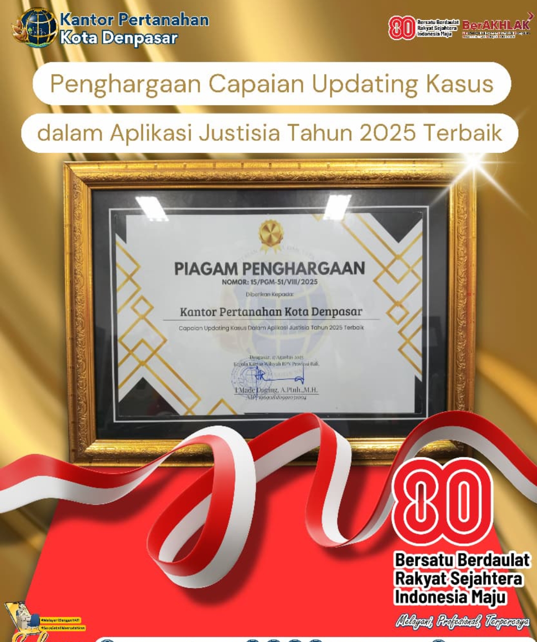 Kantor Pertanahan Kota Denpasar memperoleh 6 Piagam Penghargaan tingkat Kementerian ATR/BPN dan tingkat Kantor Wilayah BPN Provinsi Bali.