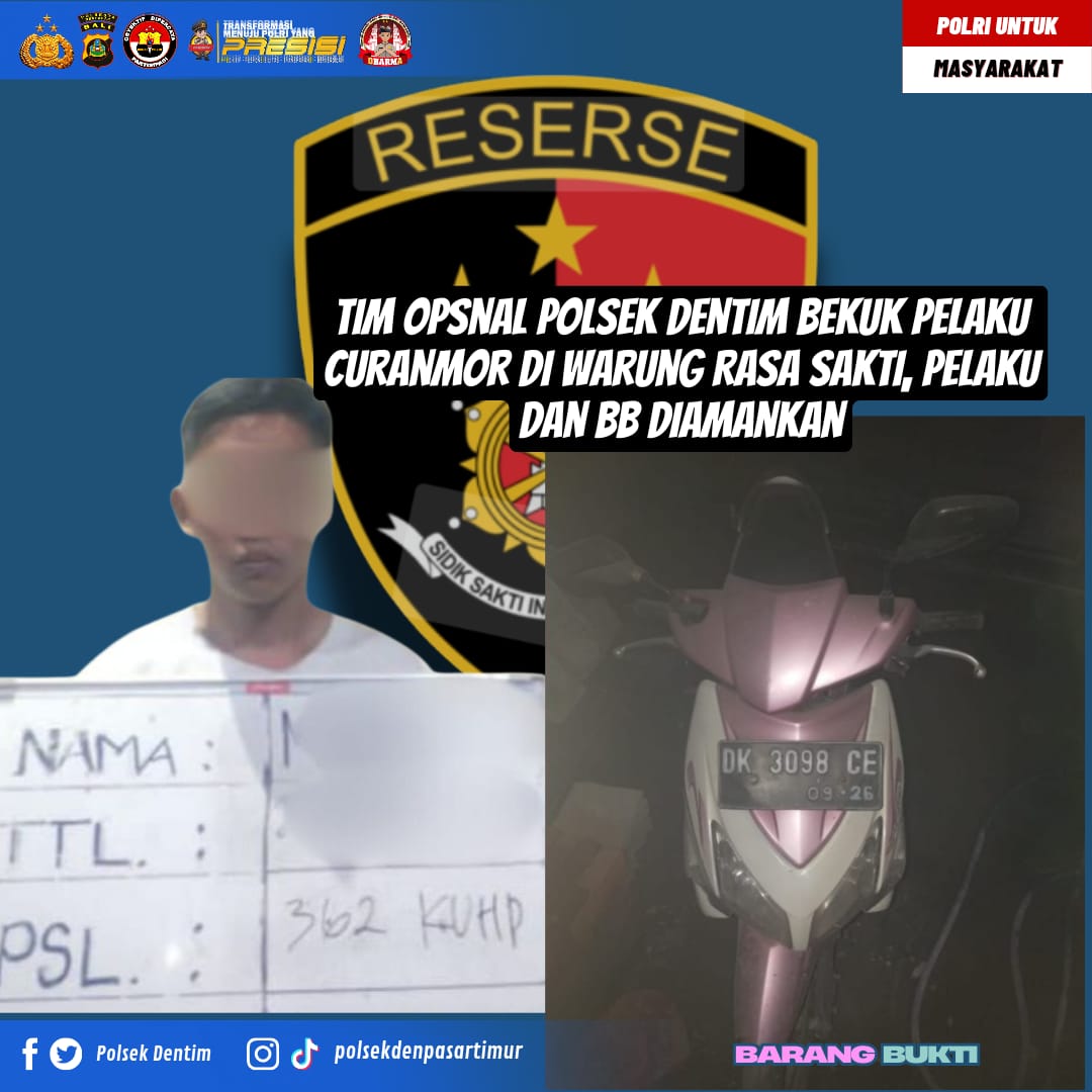 Tim Opsnal Polsek Dentim Bekuk Pelaku Curanmor di Warung Rasa Sakti, Pelaku dan BB Diamankan.