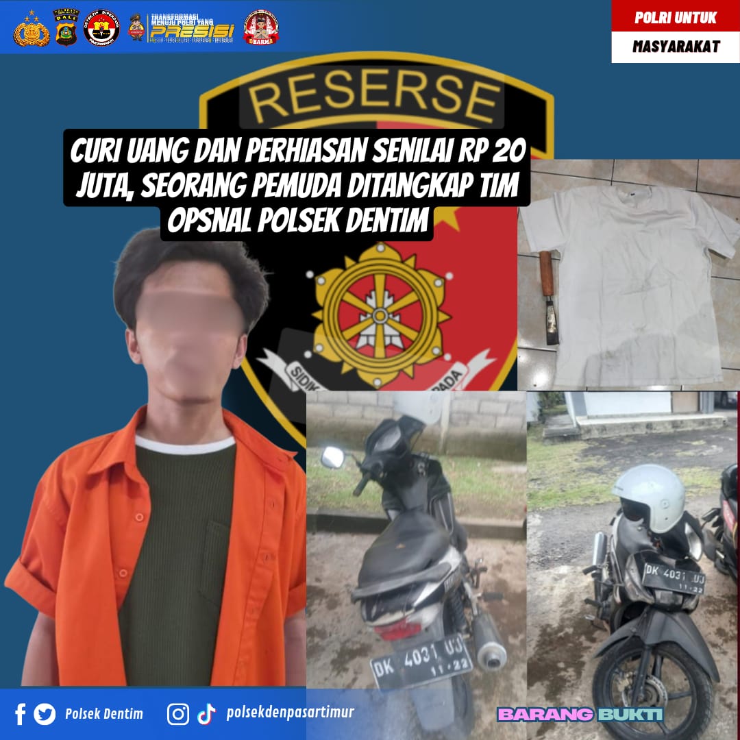 Curi Uang dan Perhiasan Senilai Rp 20 Juta, Seorang Pemuda Ditangkap Tim Opsnal Polsek Dentim.